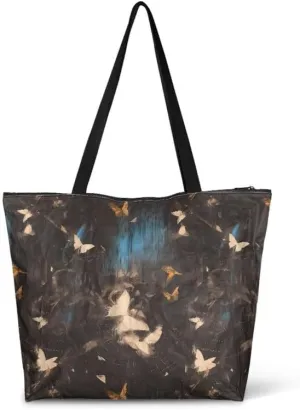 Oil Painting Border Collie Paper Tote Bag, Gothic Rose Butterfly Commute Bag, Ethnic Tribal Large Handbag for Women