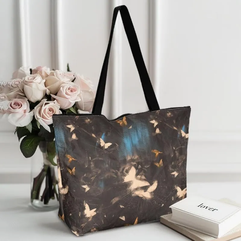 Oil Painting Border Collie Paper Tote Bag, Gothic Rose Butterfly Commute Bag, Ethnic Tribal Large Handbag for Women