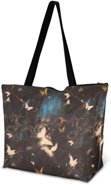 Oil Painting Border Collie Paper Tote Bag, Gothic Rose Butterfly Commute Bag, Ethnic Tribal Large Handbag for Women