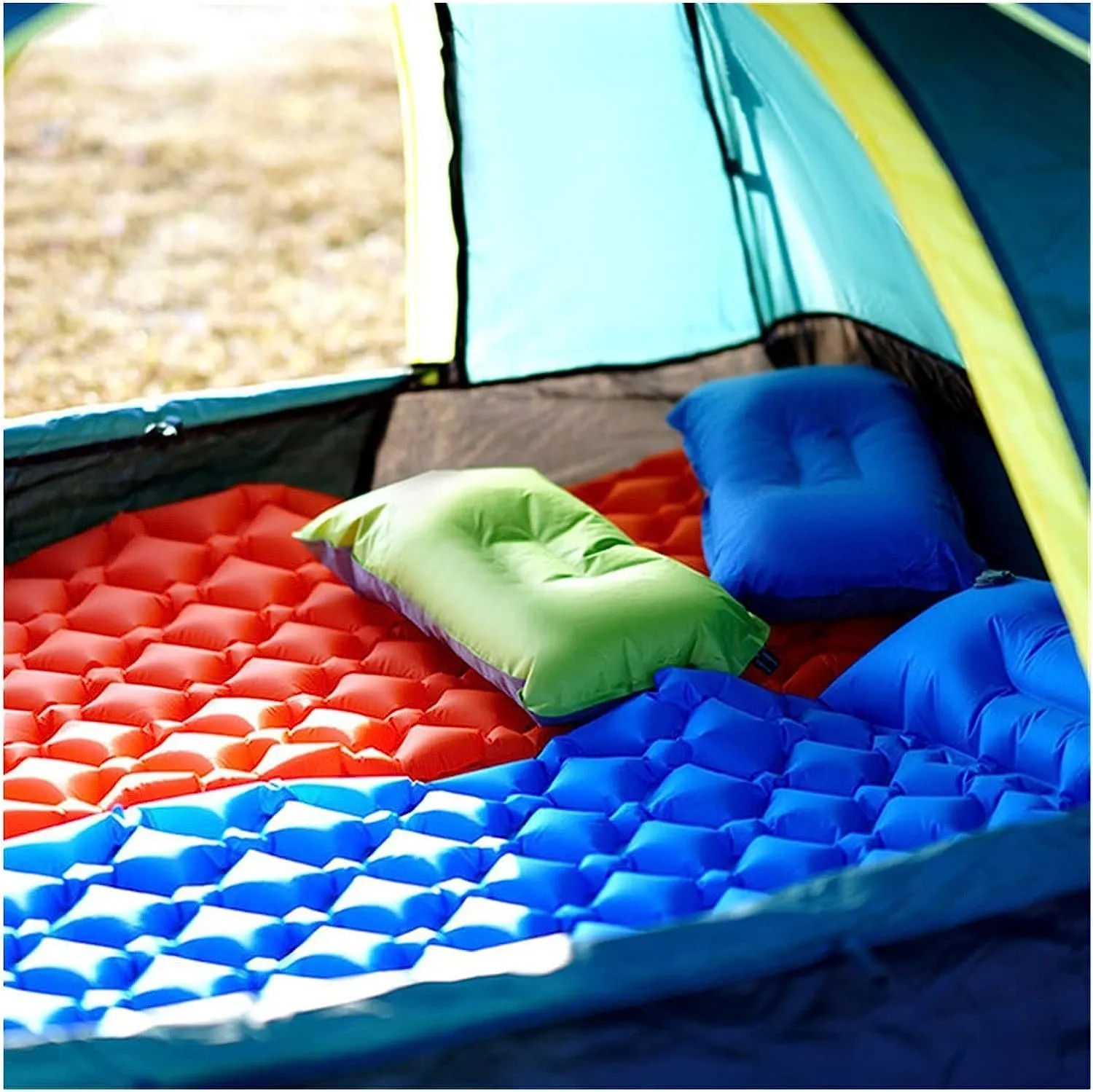 Outdoor Sleeping Pad Camping Inflatable Air Mattress Travel Mat Folding Bed Air Cushion Pillows Hiking Trekking (Color : Blue)