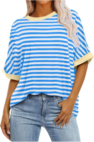 Oversized Tshirts for Women Summer 3/4 Length Sleeve Tops Casual Striped Crew Neck Tee Fashion Loose Clothes 2024