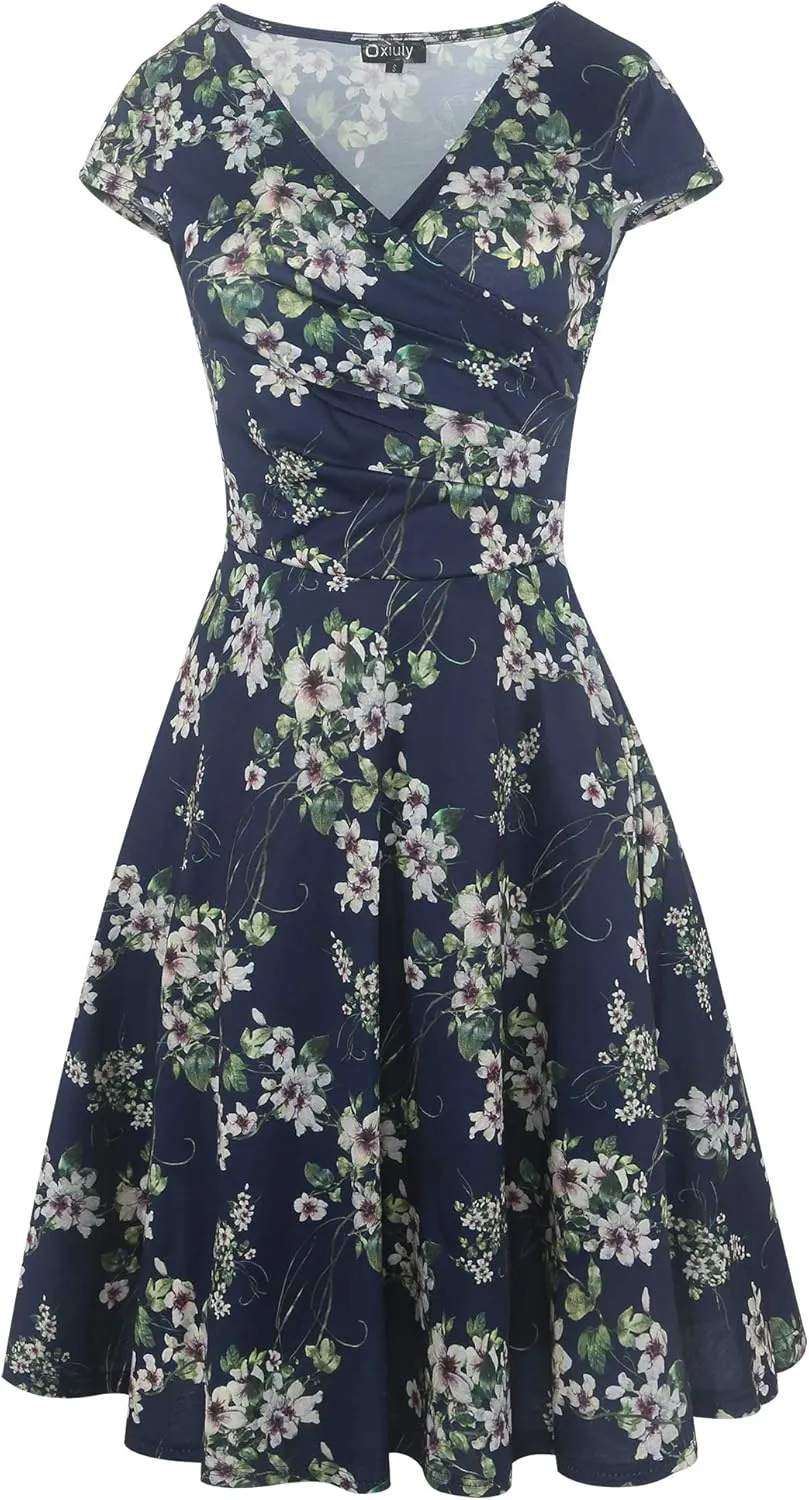 oxiuly Women's Casual Dresses Criss-Cross V-Neck Floral Flare Midi Summer Dress OX233