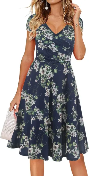 oxiuly Women's Casual Dresses Criss-Cross V-Neck Floral Flare Midi Summer Dress OX233