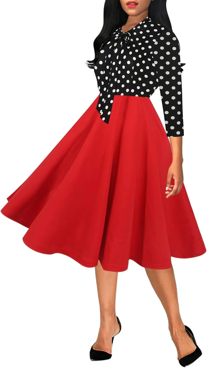 oxiuly Women's Vintage Bow Tie V-Neck Pockets Casual Work Party Cocktail Swing A-line Dresses OX278