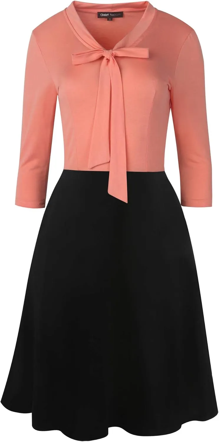 oxiuly Women's Vintage Bow Tie V-Neck Pockets Casual Work Party Cocktail Swing A-line Dresses OX278