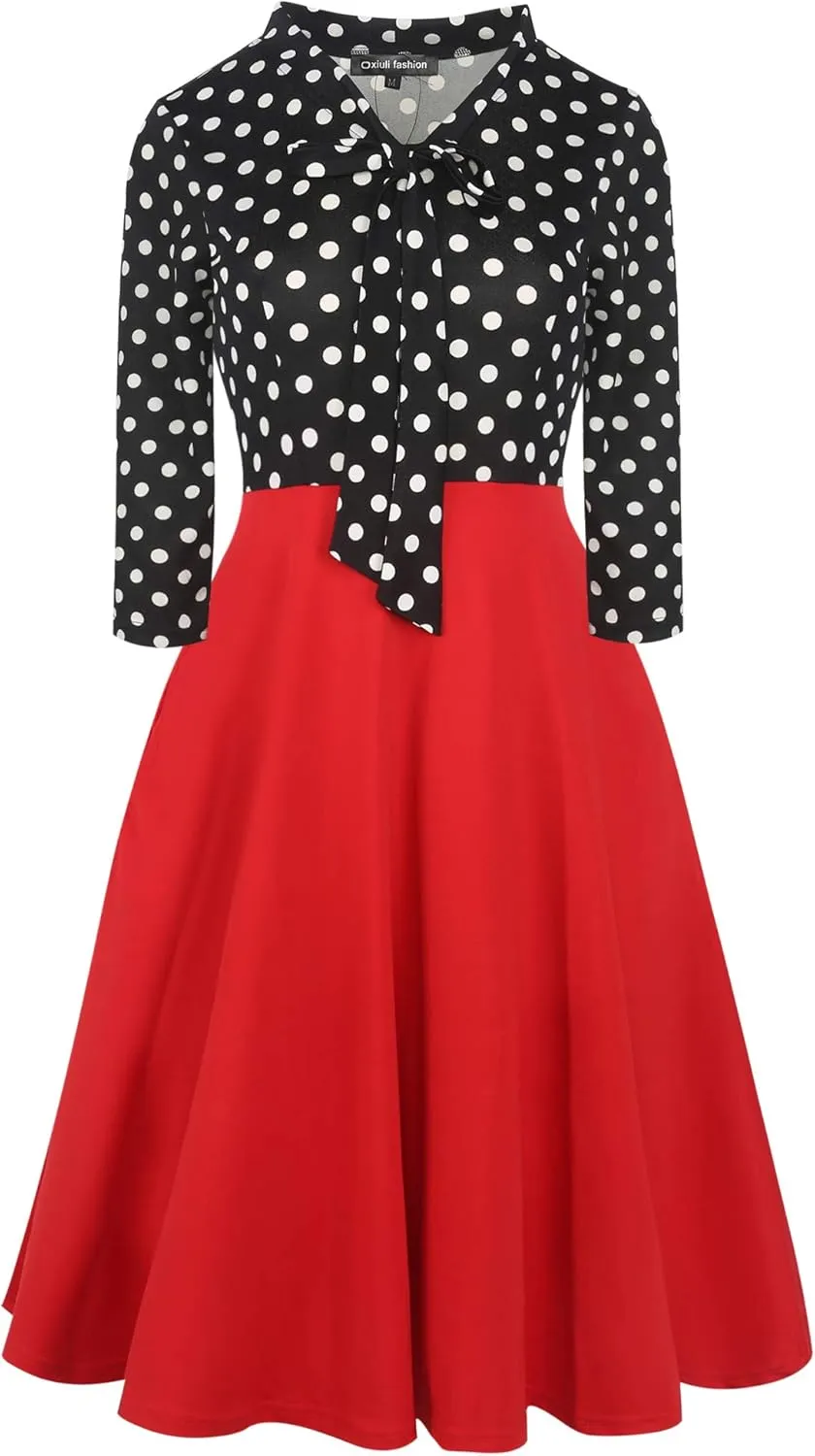 oxiuly Women's Vintage Bow Tie V-Neck Pockets Casual Work Party Cocktail Swing A-line Dresses OX278