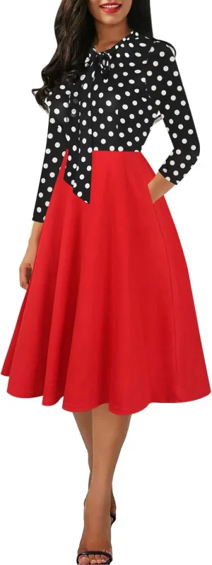 oxiuly Women's Vintage Bow Tie V-Neck Pockets Casual Work Party Cocktail Swing A-line Dresses OX278