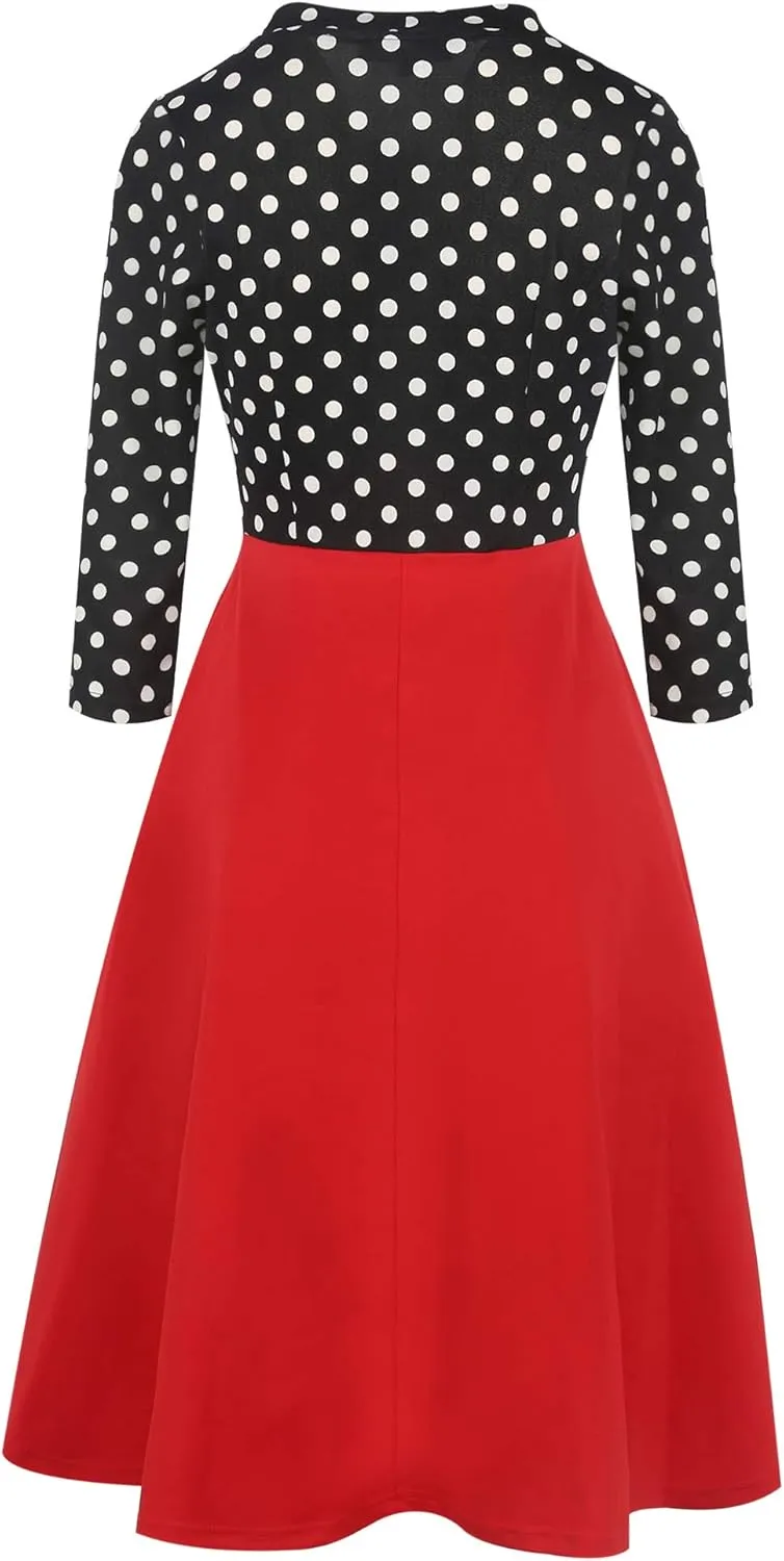 oxiuly Women's Vintage Bow Tie V-Neck Pockets Casual Work Party Cocktail Swing A-line Dresses OX278