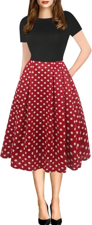 oxiuly Women's Vintage Patchwork Pockets Puffy Swing Casual Party Dress OX165