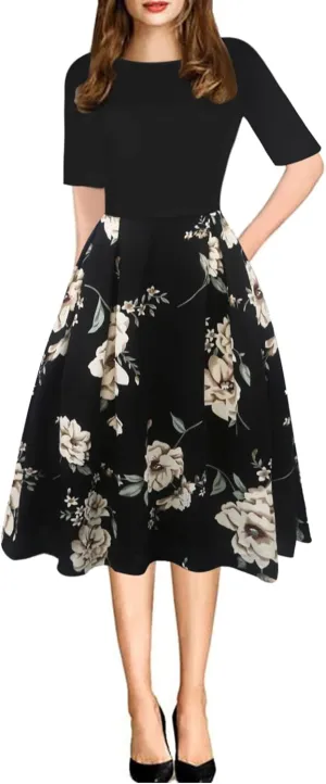oxiuly Women's Vintage Patchwork Pockets Puffy Swing Casual Party Dress OX165