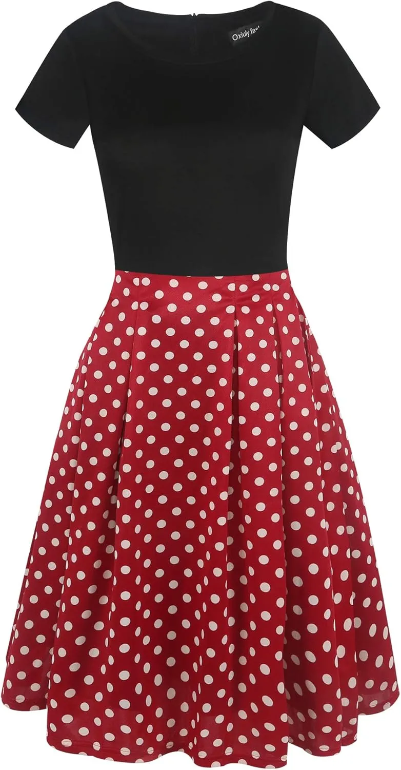 oxiuly Women's Vintage Patchwork Pockets Puffy Swing Casual Party Dress OX165