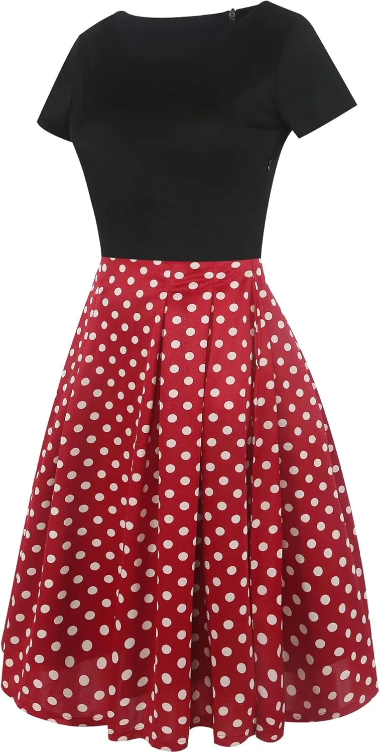 oxiuly Women's Vintage Patchwork Pockets Puffy Swing Casual Party Dress OX165