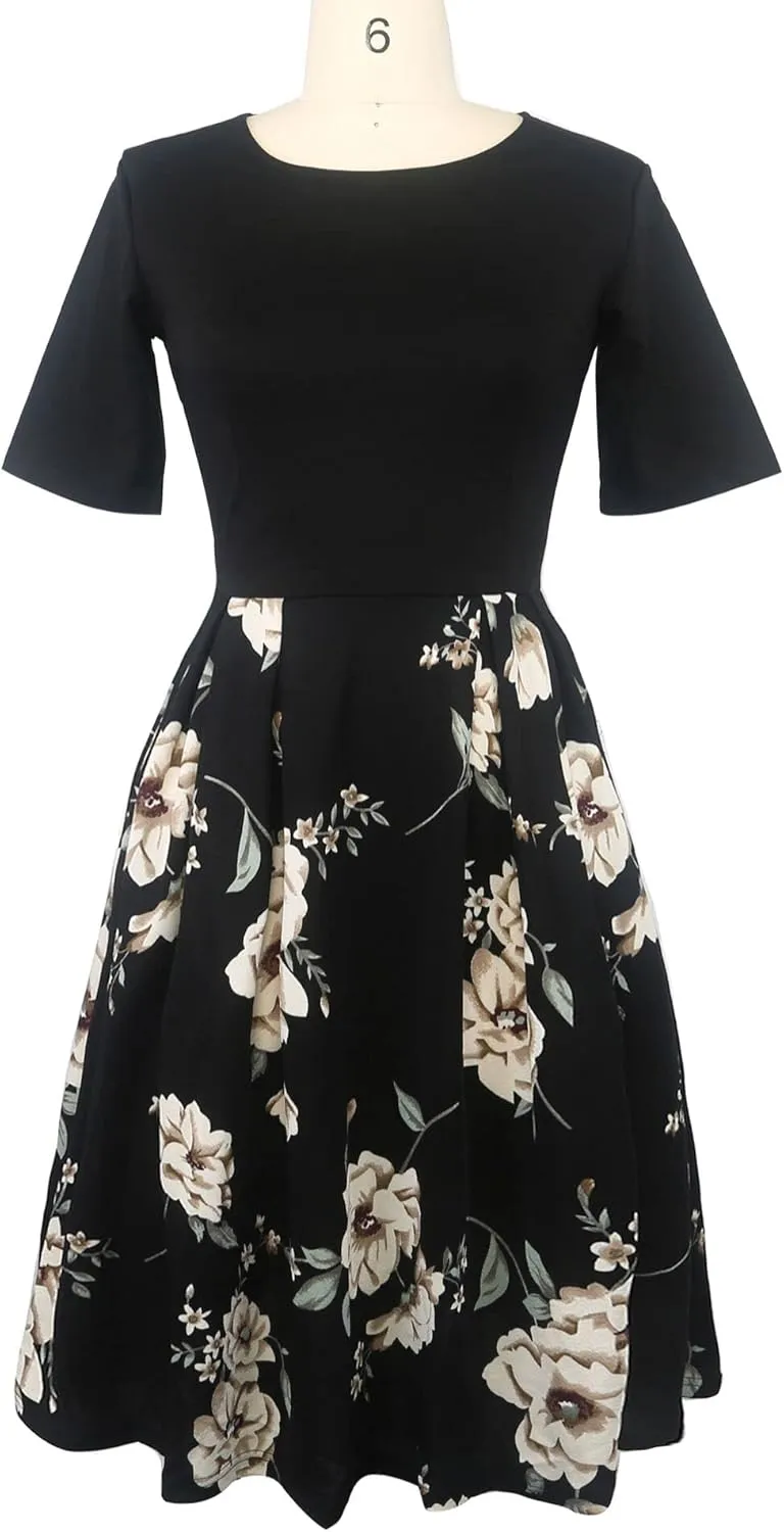 oxiuly Women's Vintage Patchwork Pockets Puffy Swing Casual Party Dress OX165
