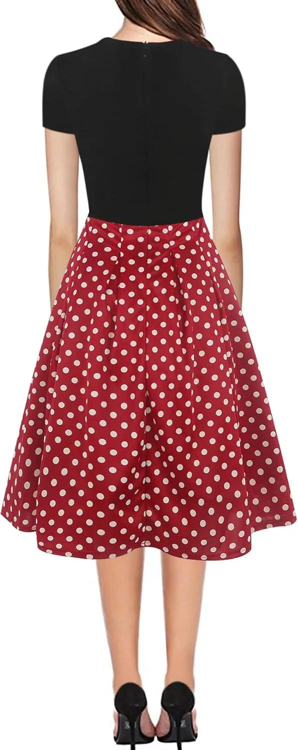 oxiuly Women's Vintage Patchwork Pockets Puffy Swing Casual Party Dress OX165