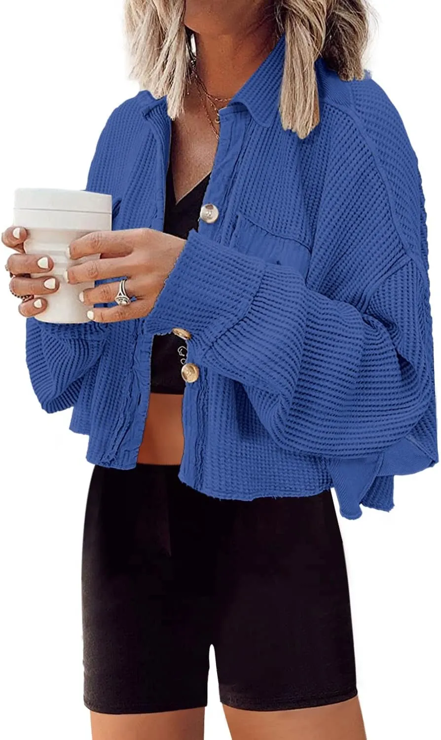 Panadila Women's Cropped Waffle Knit Shacket Short Button Down Jacket Batwing Sleeve Shirts with Pocket