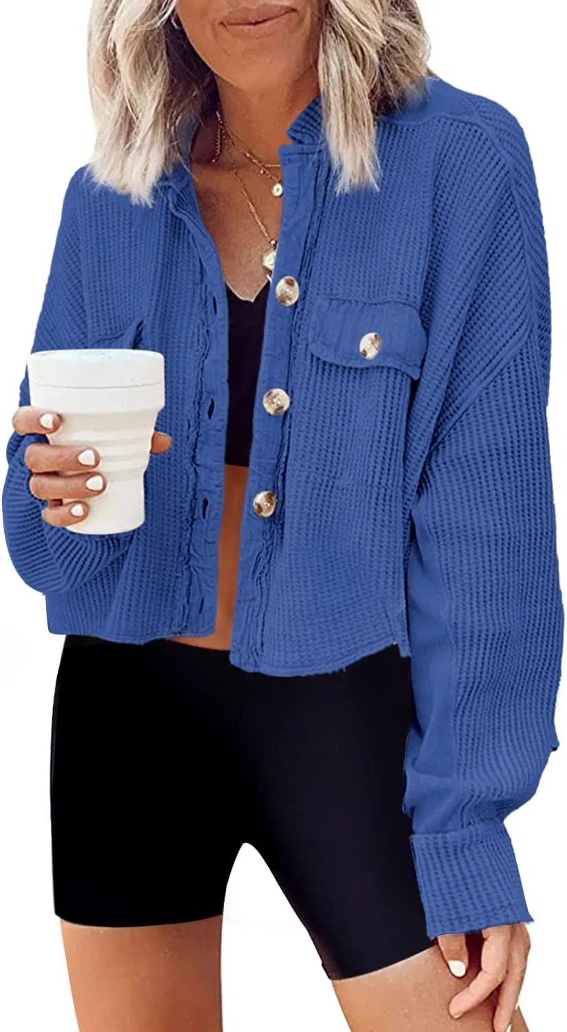 Panadila Women's Cropped Waffle Knit Shacket Short Button Down Jacket Batwing Sleeve Shirts with Pocket