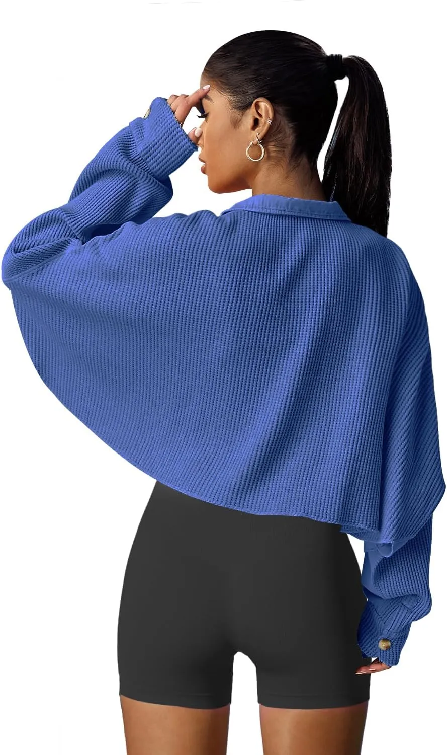 Panadila Women's Cropped Waffle Knit Shacket Short Button Down Jacket Batwing Sleeve Shirts with Pocket