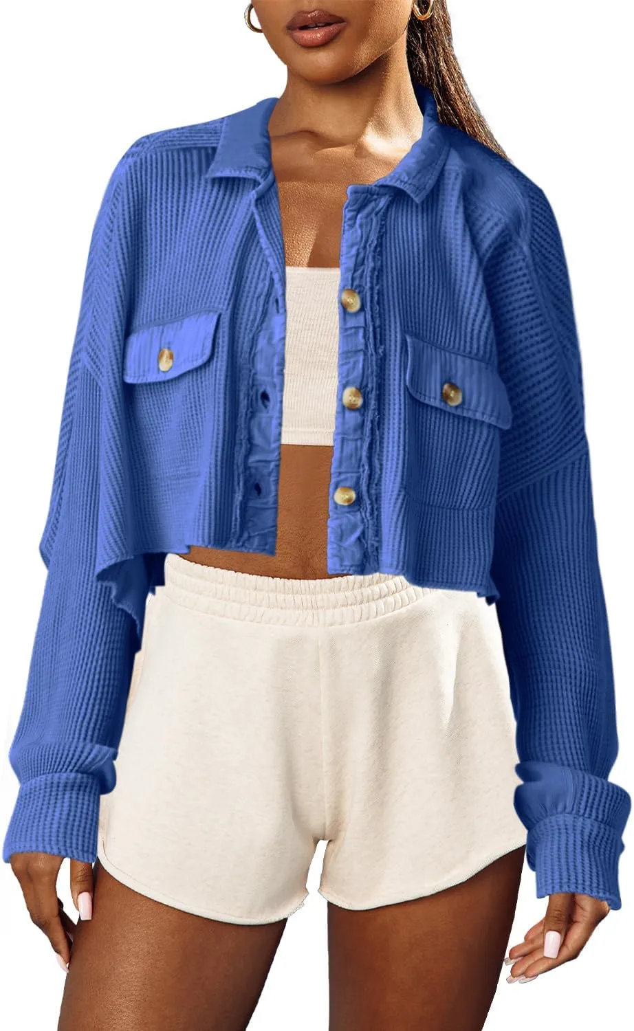 Panadila Women's Cropped Waffle Knit Shacket Short Button Down Jacket Batwing Sleeve Shirts with Pocket