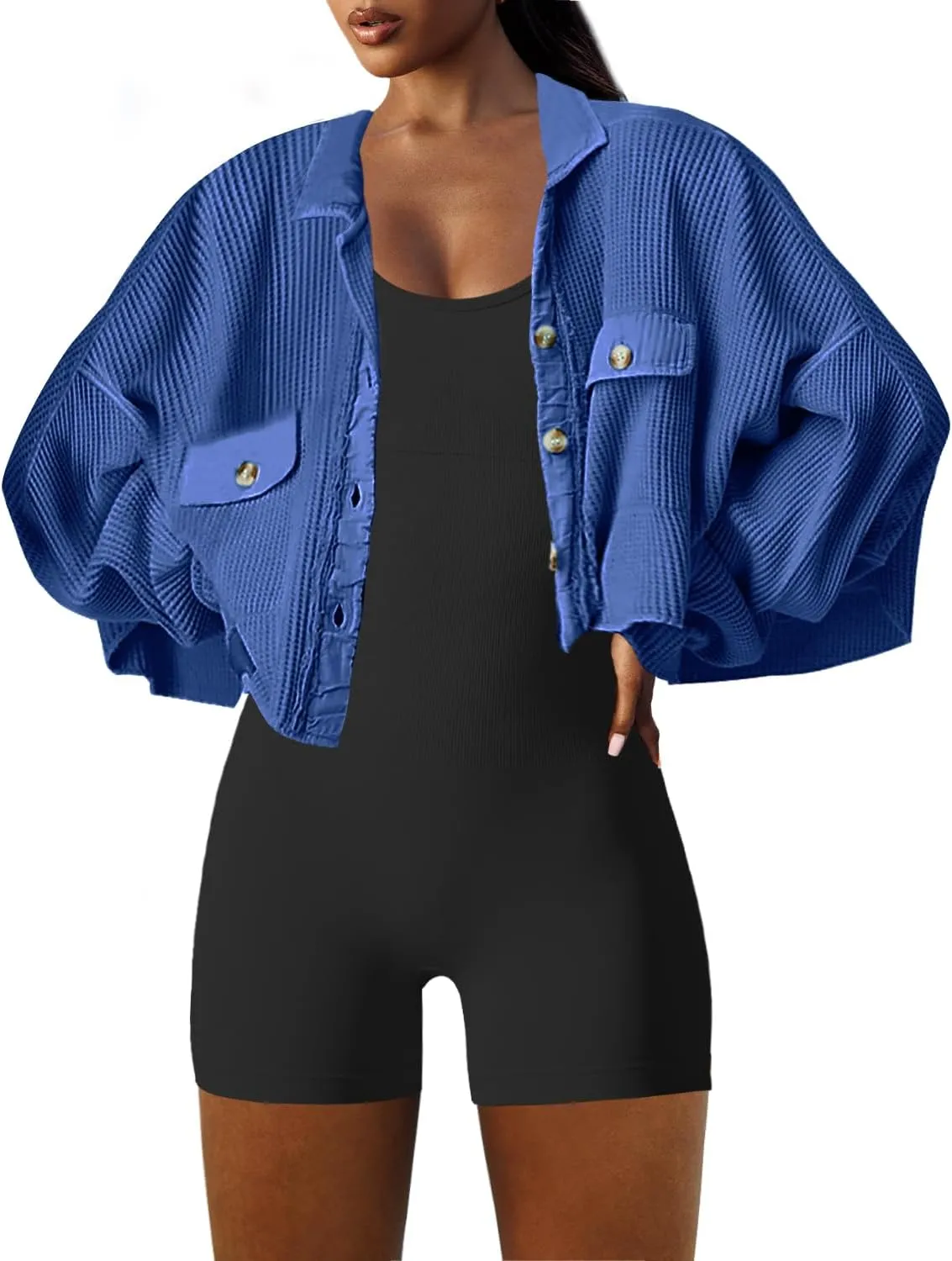 Panadila Women's Cropped Waffle Knit Shacket Short Button Down Jacket Batwing Sleeve Shirts with Pocket