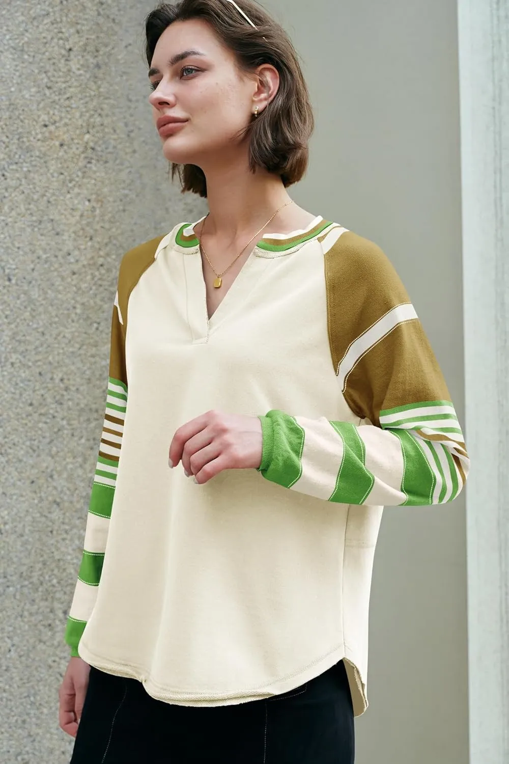 Panadila Womens Striped Long Sleeve Shirt Color Block Raglan Shirt V Neck Patchwork Pullover Tops Casual Cute Top