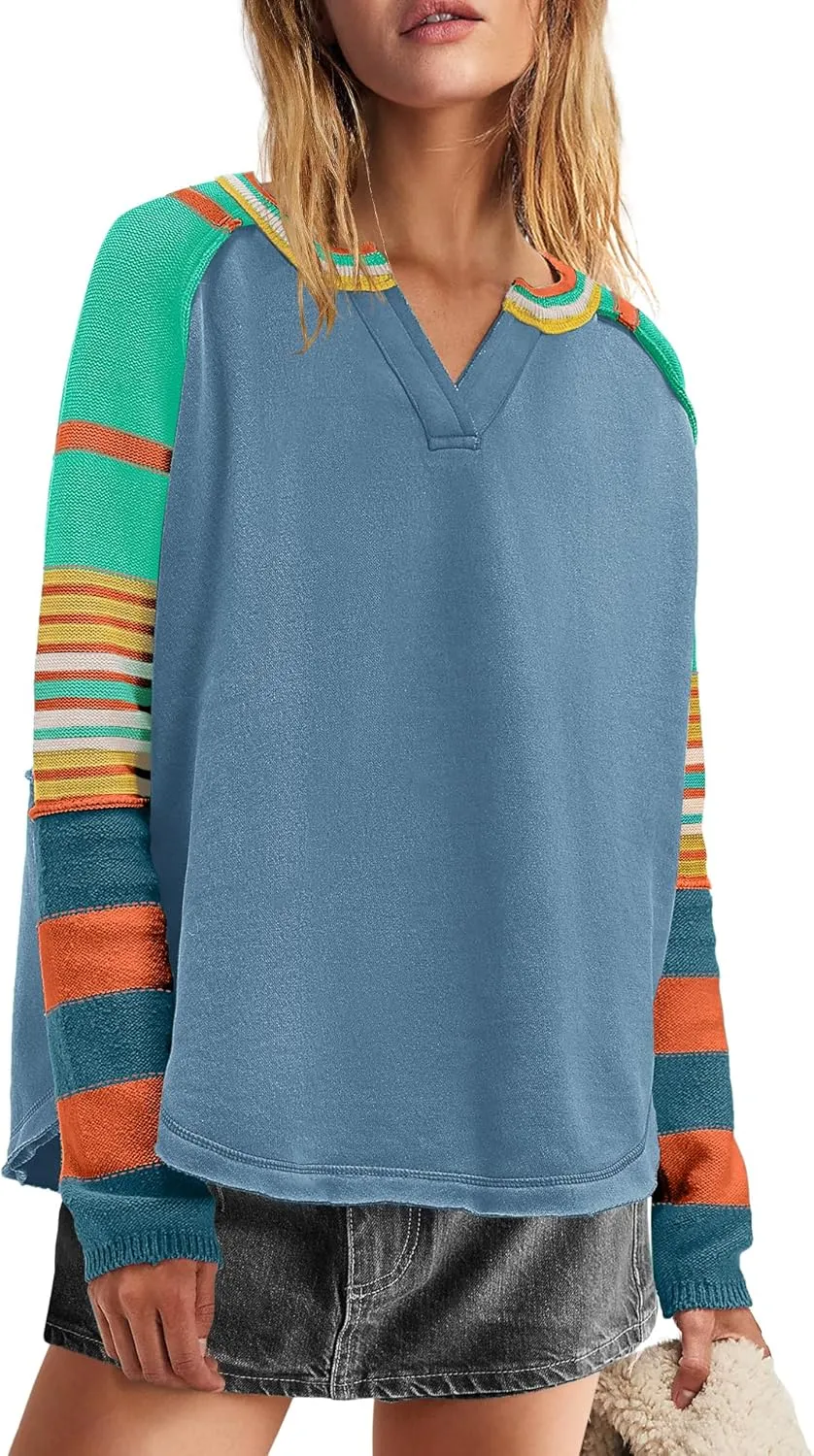 Panadila Womens Striped Long Sleeve Shirt Color Block Raglan Shirt V Neck Patchwork Pullover Tops Casual Cute Top