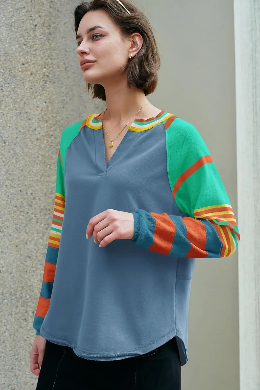Panadila Womens Striped Long Sleeve Shirt Color Block Raglan Shirt V Neck Patchwork Pullover Tops Casual Cute Top