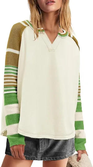 Panadila Womens Striped Long Sleeve Shirt Color Block Raglan Shirt V Neck Patchwork Pullover Tops Casual Cute Top