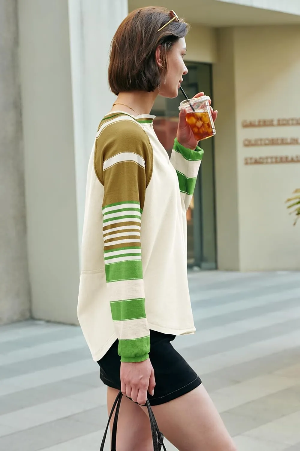 Panadila Womens Striped Long Sleeve Shirt Color Block Raglan Shirt V Neck Patchwork Pullover Tops Casual Cute Top