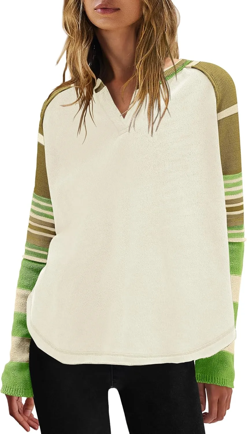 Panadila Womens Striped Long Sleeve Shirt Color Block Raglan Shirt V Neck Patchwork Pullover Tops Casual Cute Top