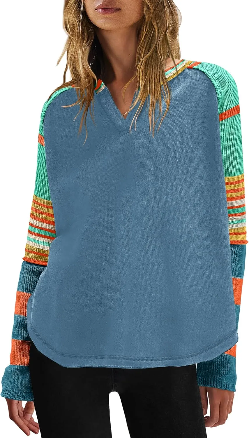 Panadila Womens Striped Long Sleeve Shirt Color Block Raglan Shirt V Neck Patchwork Pullover Tops Casual Cute Top