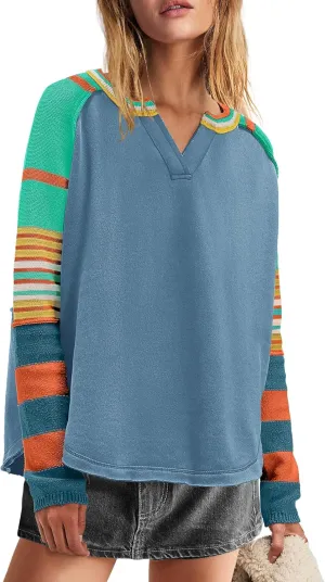 Panadila Womens Striped Long Sleeve Shirt Color Block Raglan Shirt V Neck Patchwork Pullover Tops Casual Cute Top