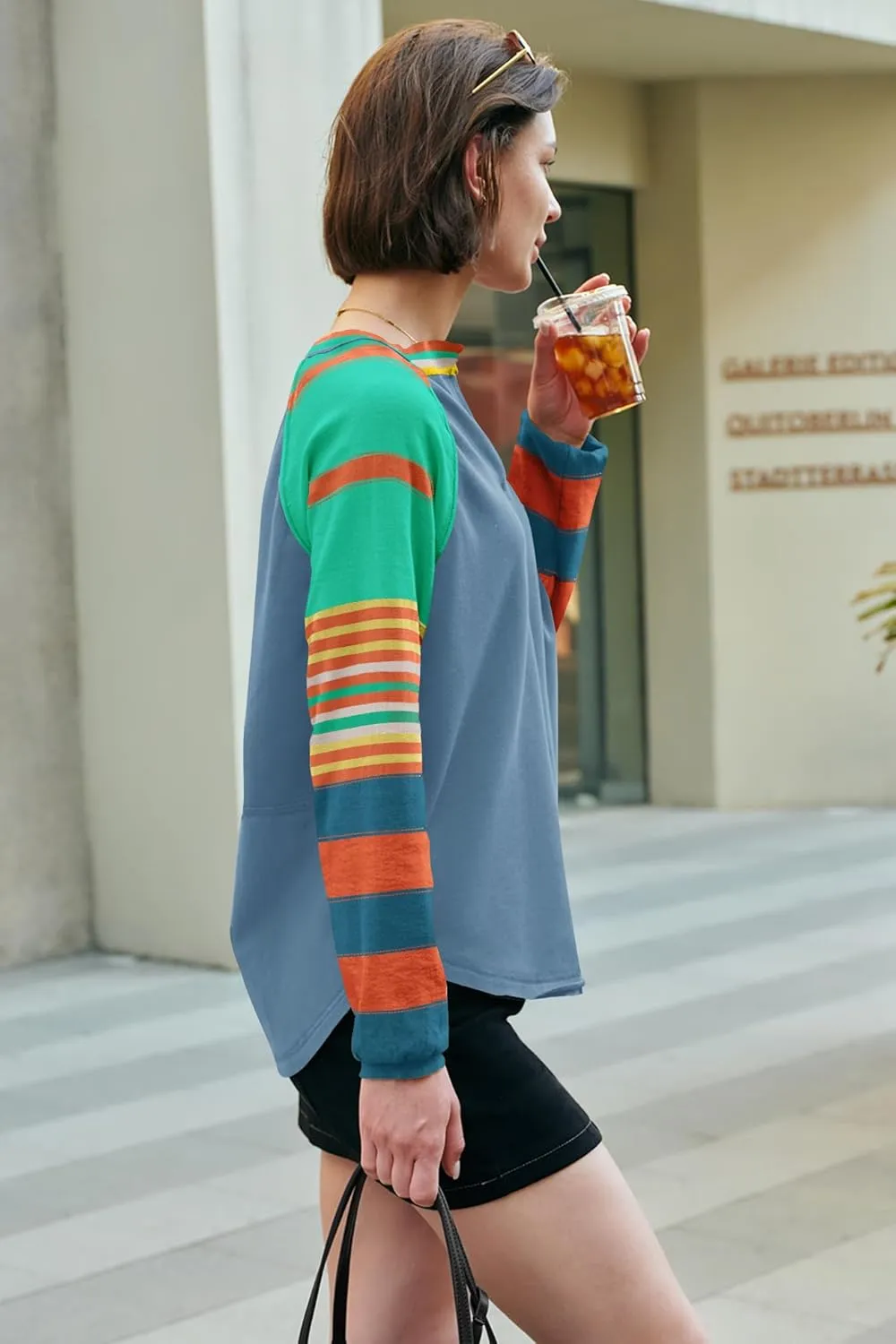 Panadila Womens Striped Long Sleeve Shirt Color Block Raglan Shirt V Neck Patchwork Pullover Tops Casual Cute Top