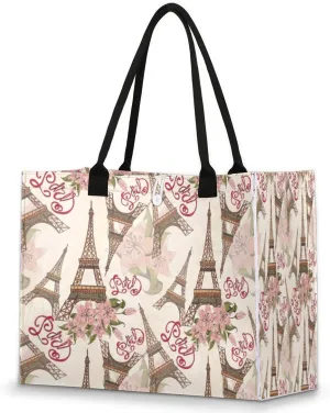 Paris Eiffel Tower Flower Beach Tote Bag for Women Large Compartment Reusable Grocery Shopping Bags Casual Shoulder Portable Tote Handbag for Travel Work Gym Daily