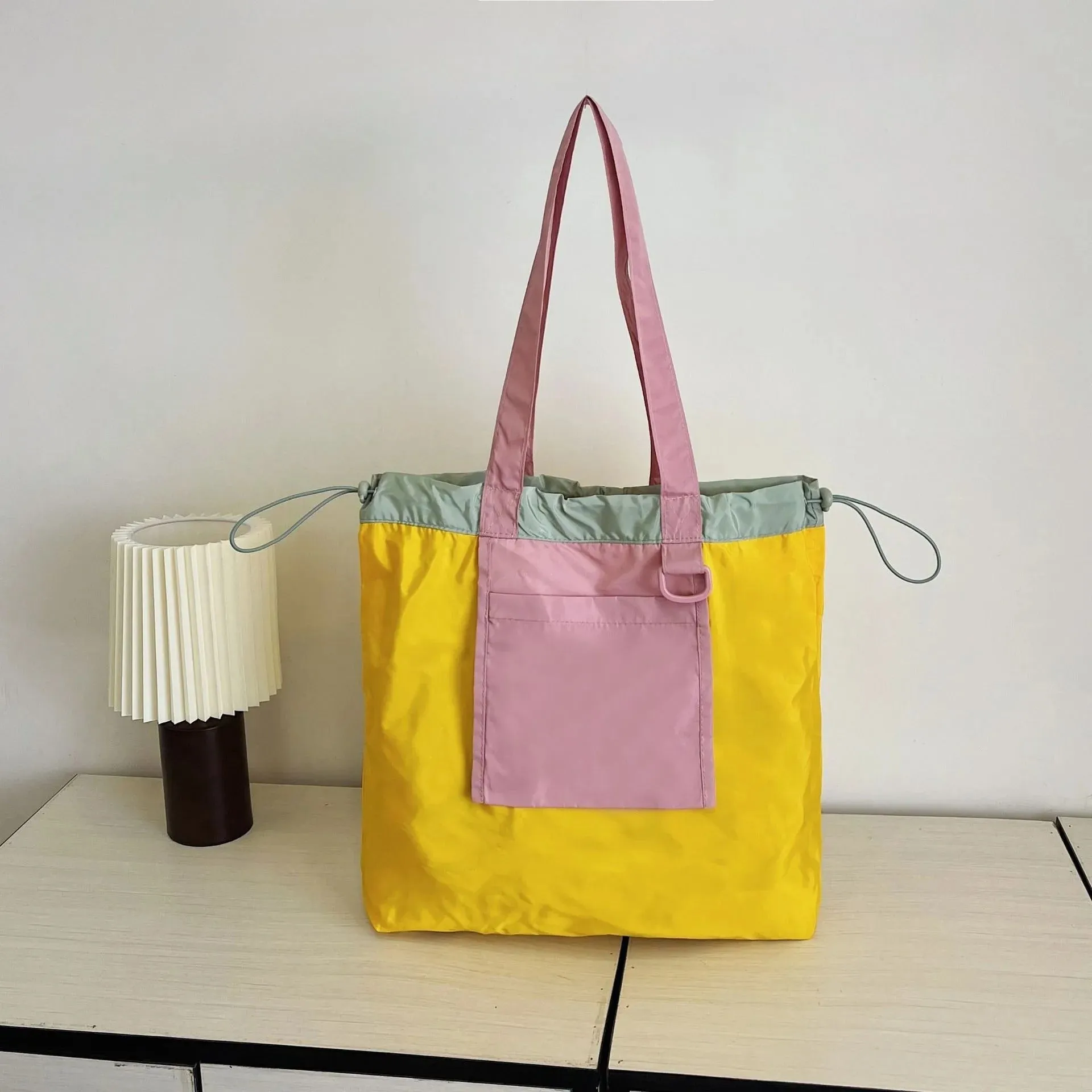 Patchwork Canvas Drawstring Tote Bag