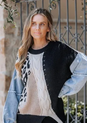 Patchwork Denim & Knit Sweater