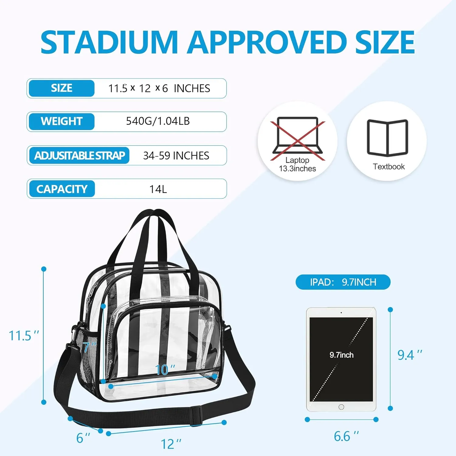 Paxiland Clear Bag for Stadium Events 12x6x12, Clear Tote Bag with Front Pocket and Detachable Strap for Sports Concert Work