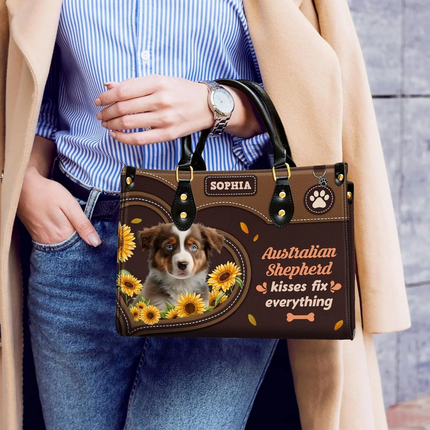 Personalized Australian Shepherd Dog Handbags, Custom Name Dog Leather Bags, Purses, Shoulder Bag, Gift For Dog Mom Dog Lover