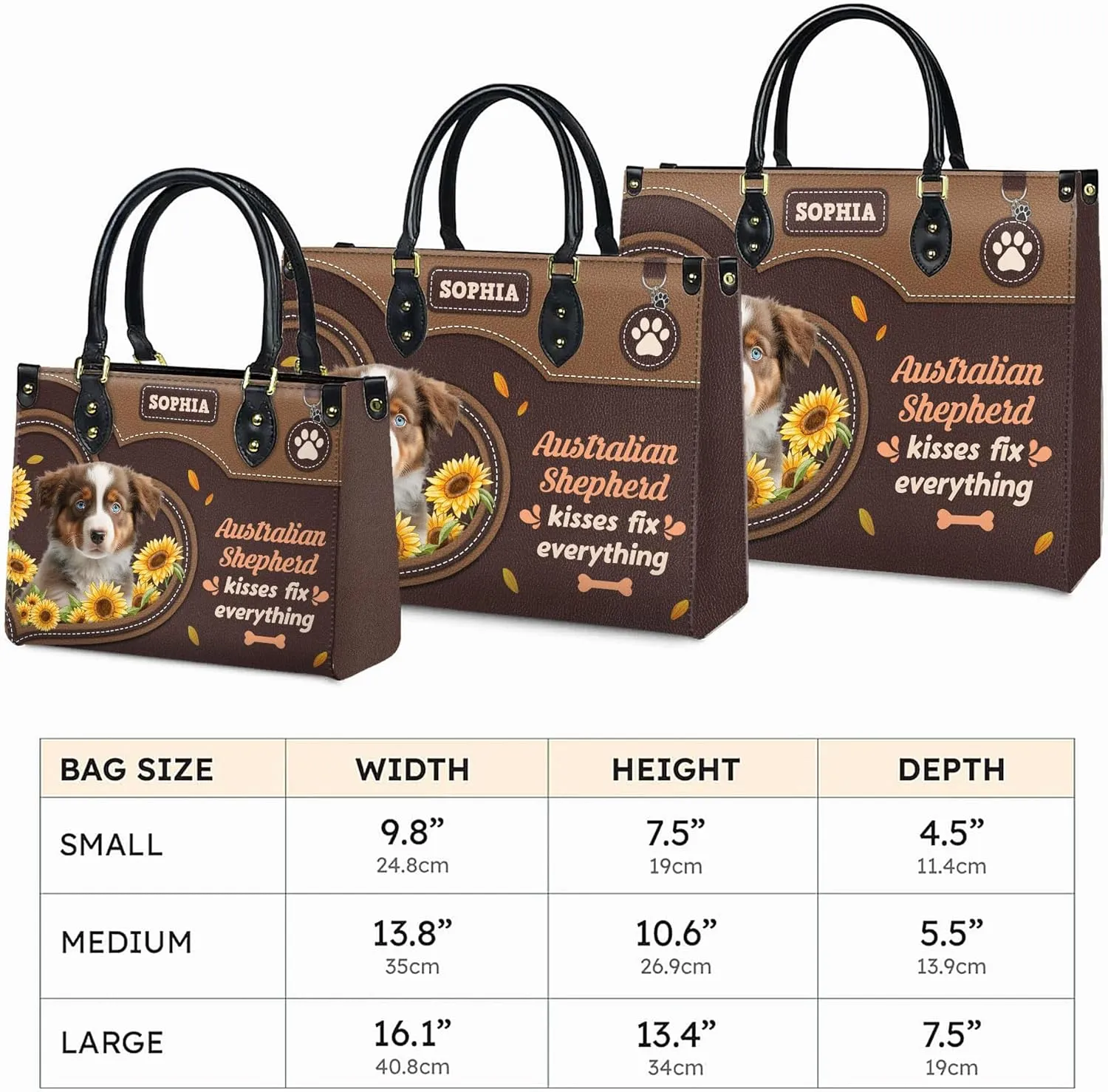 Personalized Australian Shepherd Dog Handbags, Custom Name Dog Leather Bags, Purses, Shoulder Bag, Gift For Dog Mom Dog Lover
