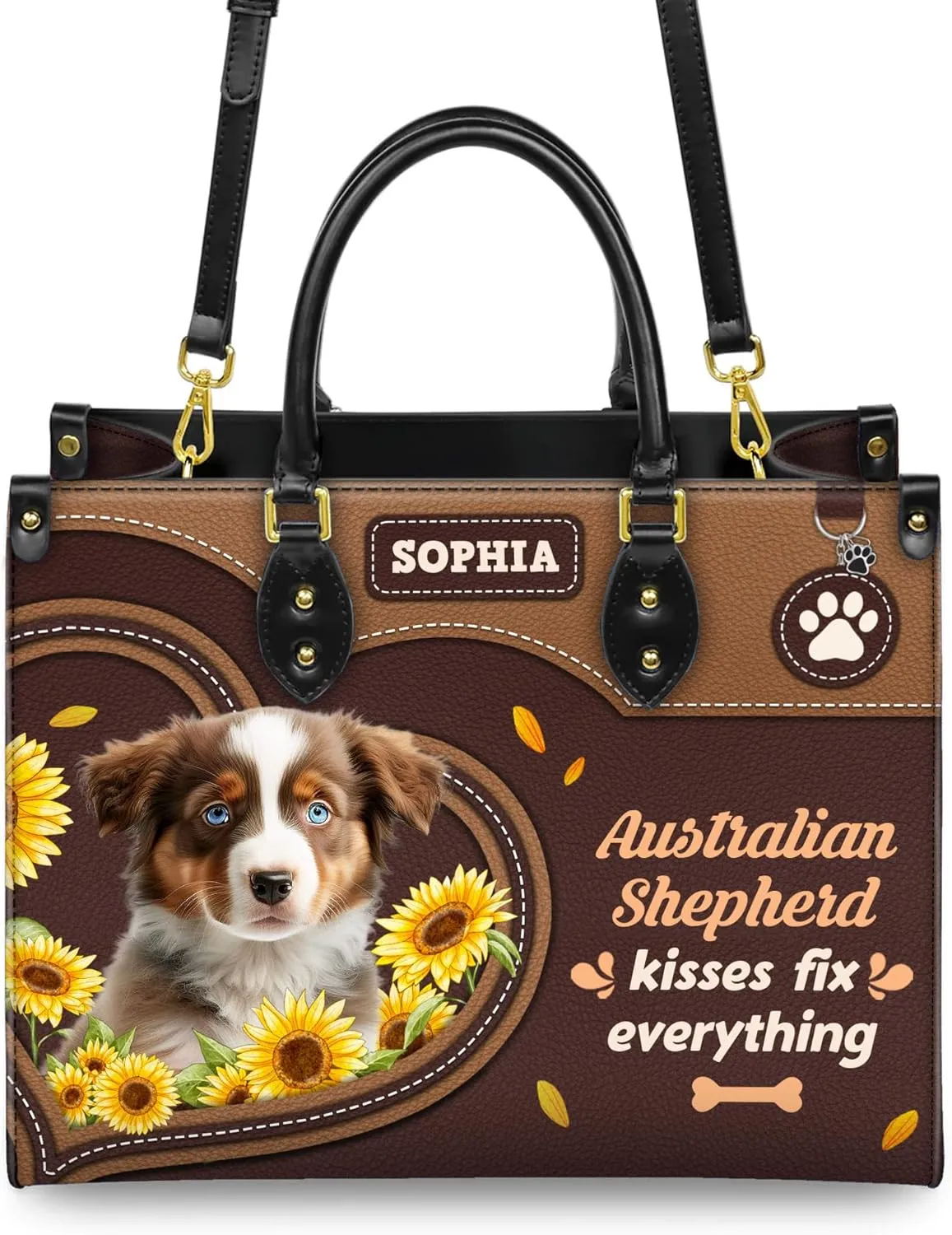 Personalized Australian Shepherd Dog Handbags, Custom Name Dog Leather Bags, Purses, Shoulder Bag, Gift For Dog Mom Dog Lover