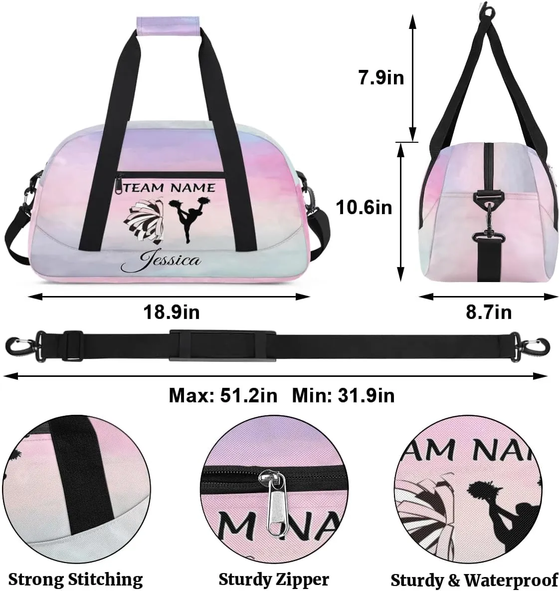 Personalized Cheer Sports Duffle Bag for Cheerleaders, Custom Cheerleading Gym Bags for Women, Colourful Prints Customized Cheer Duffel Bag with Name Overnight Weekender Bags