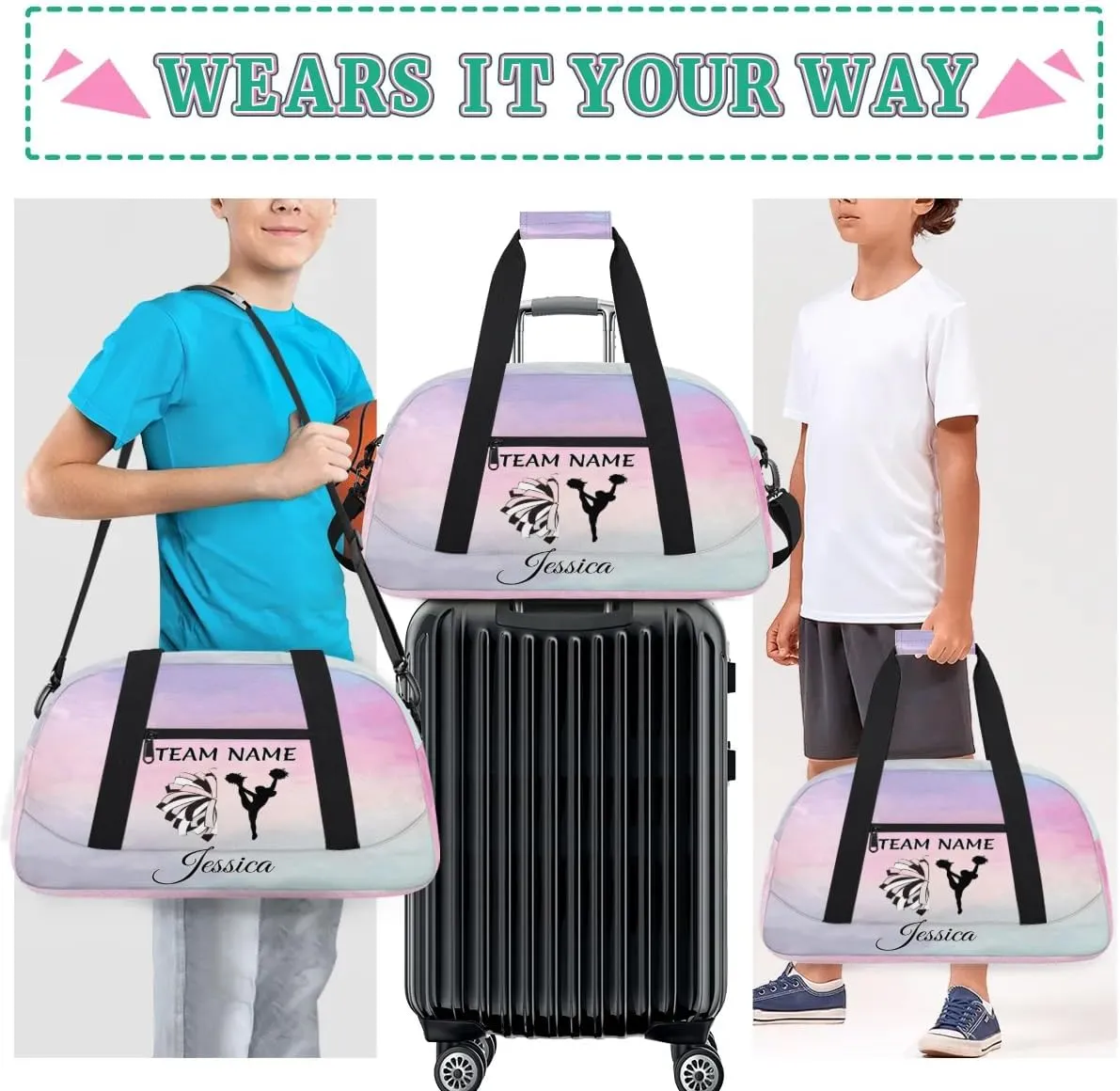 Personalized Cheer Sports Duffle Bag for Cheerleaders, Custom Cheerleading Gym Bags for Women, Colourful Prints Customized Cheer Duffel Bag with Name Overnight Weekender Bags