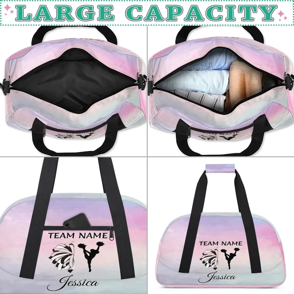 Personalized Cheer Sports Duffle Bag for Cheerleaders, Custom Cheerleading Gym Bags for Women, Colourful Prints Customized Cheer Duffel Bag with Name Overnight Weekender Bags