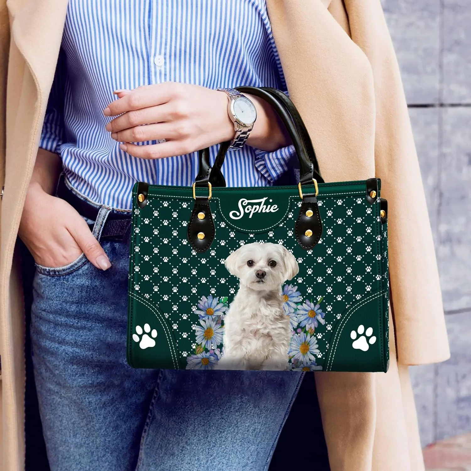 Personalized Maltese Dog Handbags, Custom Name Dog Leather Bags, Purses, Shoulder Bag, Gift For Dog Mom Dog Lover
