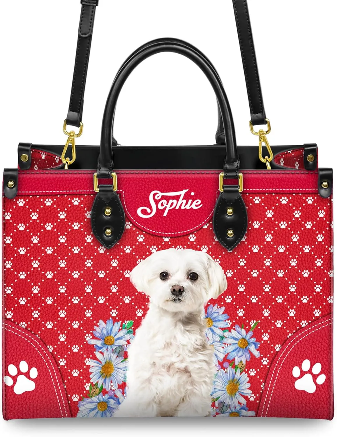 Personalized Maltese Dog Handbags, Custom Name Dog Leather Bags, Purses, Shoulder Bag, Gift For Dog Mom Dog Lover