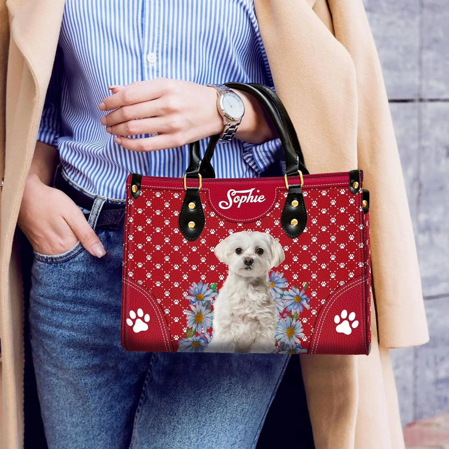 Personalized Maltese Dog Handbags, Custom Name Dog Leather Bags, Purses, Shoulder Bag, Gift For Dog Mom Dog Lover
