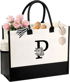 Personalized Name Tote Bag for Women, Birthday Best Friend Bridesmaid Gifts for Women Canvas Initial Tote Bags
