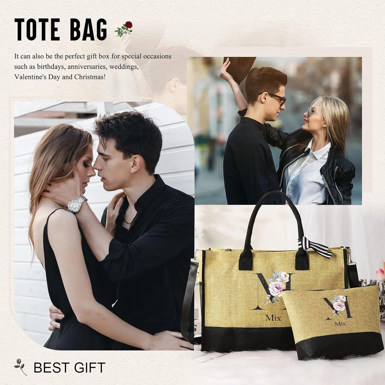 Personalized Names Tote Bags for Women - Custom Initial Bag for Shopping Reusable Gifts for Wedding Christmas
