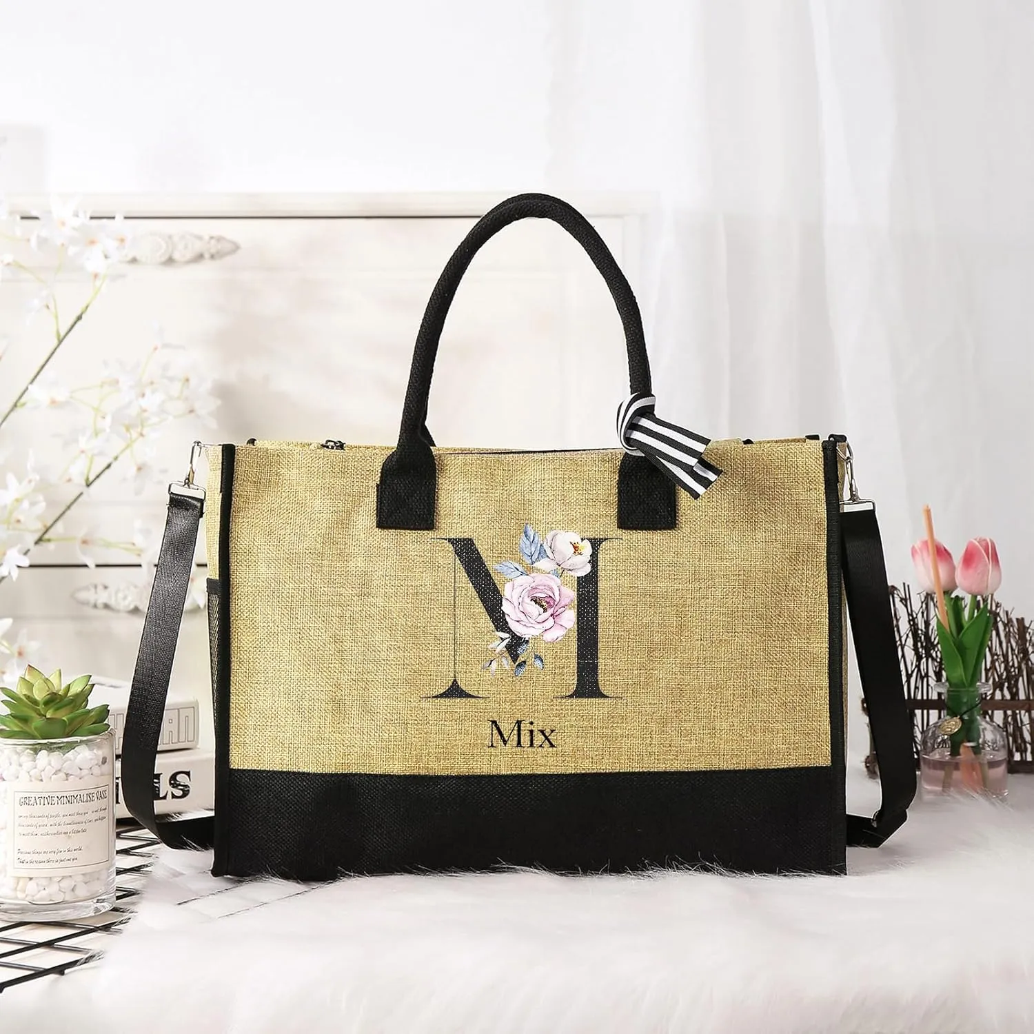 Personalized Names Tote Bags for Women - Custom Initial Bag for Shopping Reusable Gifts for Wedding Christmas