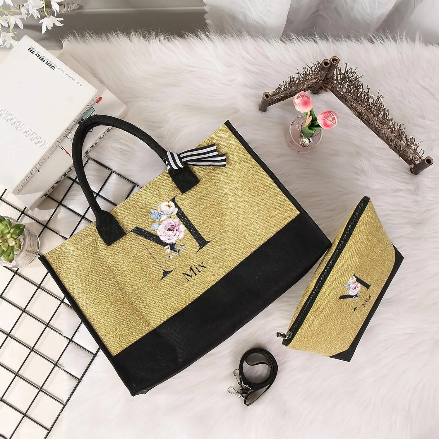 Personalized Names Tote Bags for Women - Custom Initial Bag for Shopping Reusable Gifts for Wedding Christmas