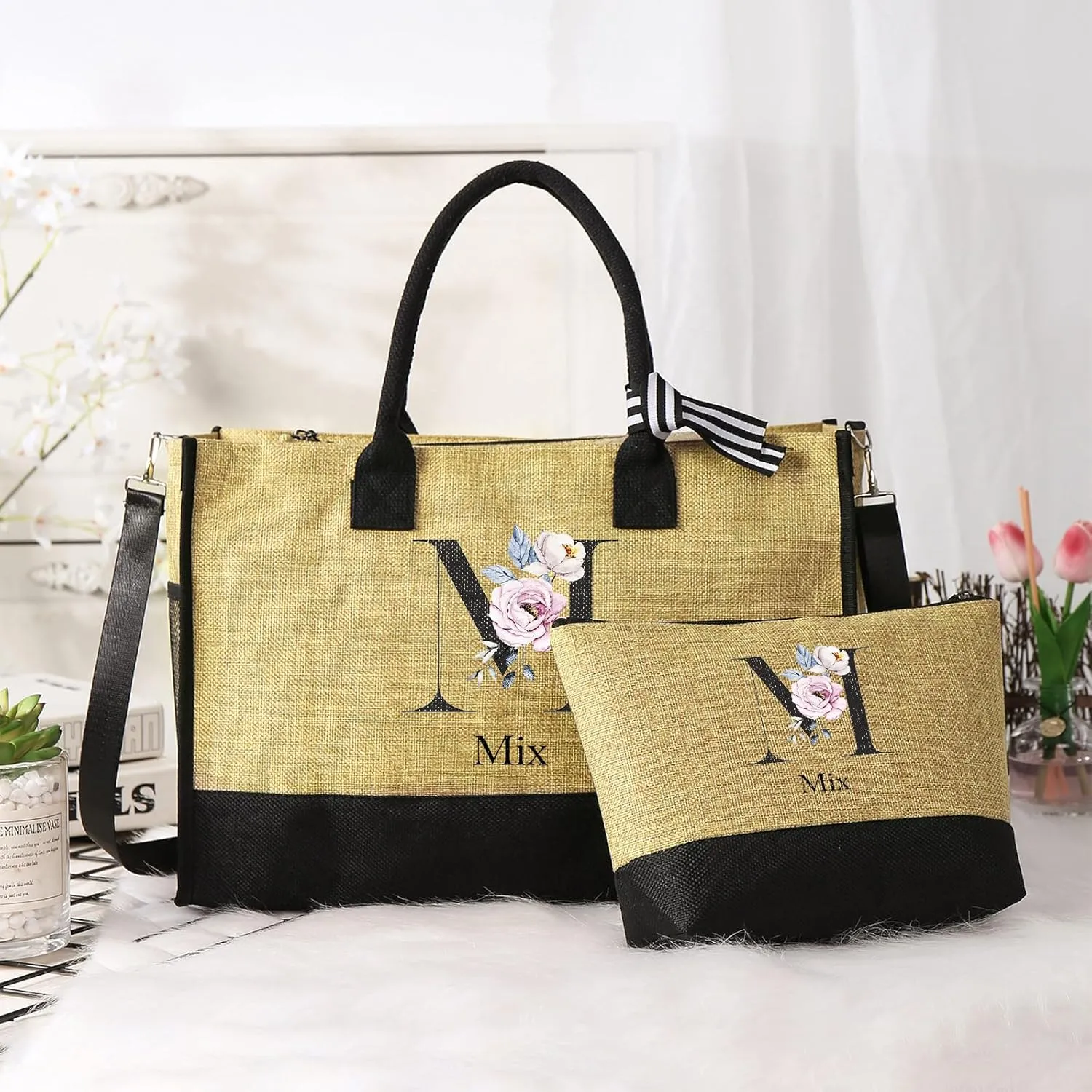 Personalized Names Tote Bags for Women - Custom Initial Bag for Shopping Reusable Gifts for Wedding Christmas